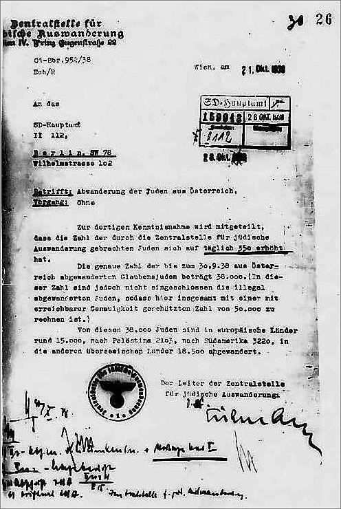 Eichmann letter regarding the status of Austrian Jews